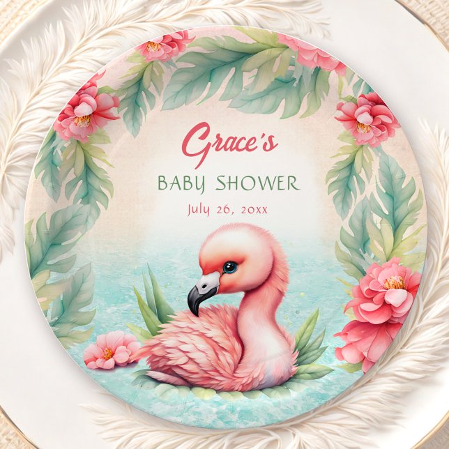 Tropical Summer Pink Flamingo Girl Babydusche Pappteller (Tropical Summer Pink Flamingo Girl Baby Shower Paper Plates)