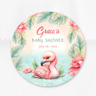 Tropical Summer Pink Flamingo Girl Babydusche Runder Aufkleber