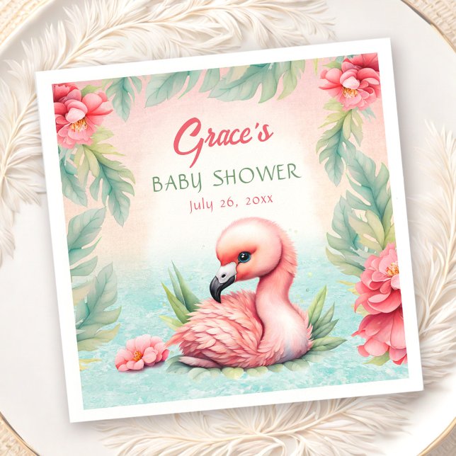 Tropical Summer Pink Flamingo Girl Babydusche Serviette (Tropical Summer Pink Flamingo Girl Baby Shower Napkins)