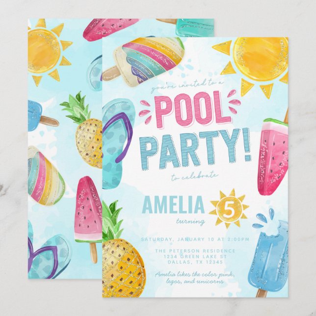 Tropical Summer Pool Party Geburtstag Einladung (Vorne/Hinten)