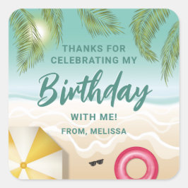 Tropical Sunny Teal Beach Sand Birthday Thank You Quadratischer Aufkleber