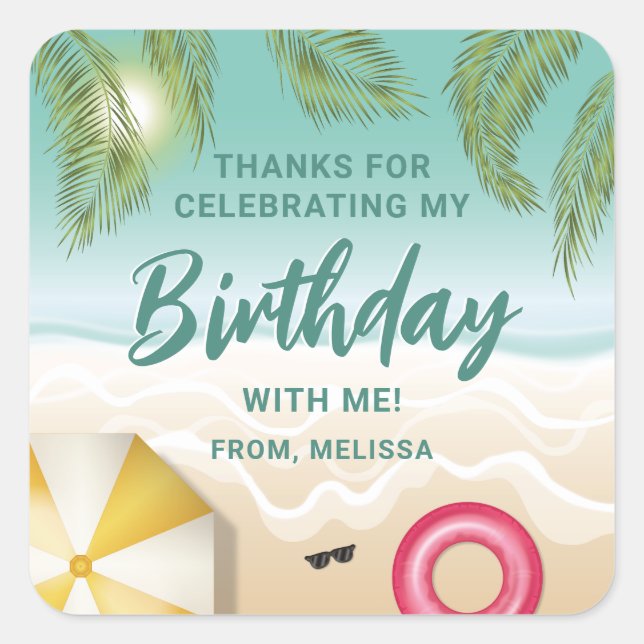 Tropical Sunny Teal Beach Sand Birthday Thank You Quadratischer Aufkleber (Vorderseite)