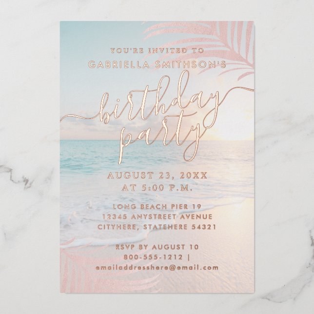 Tropical Sunset Beach Birthday Party Rosen Gold Folieneinladung (Vorderseite)