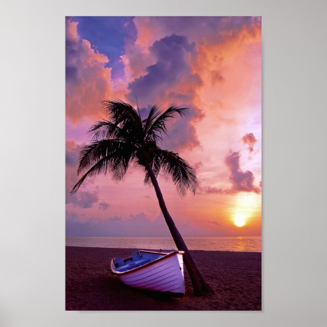 Tropical Sunset Beach Boat Palm Poster (Vorne)