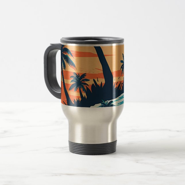 Tropical Sunset Beach Coffee Mug – Relaxing Palm Reisebecher (Vorderseite Links)
