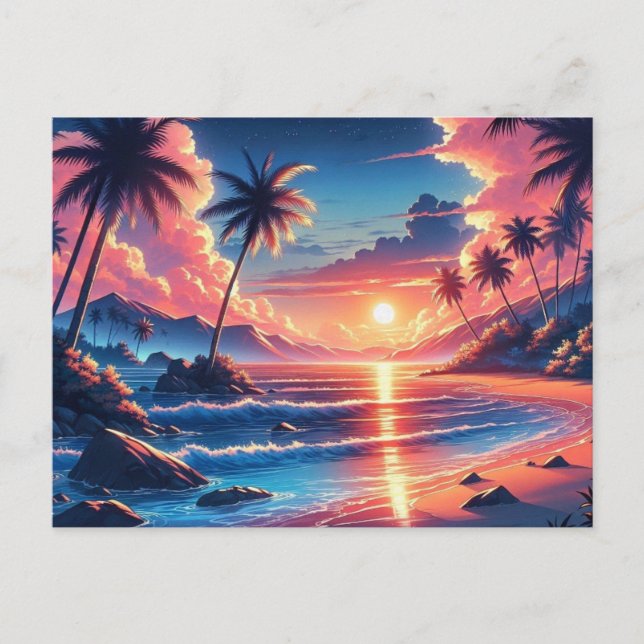 Tropical Sunset Beach Malerei Postkarte (Vorderseite)