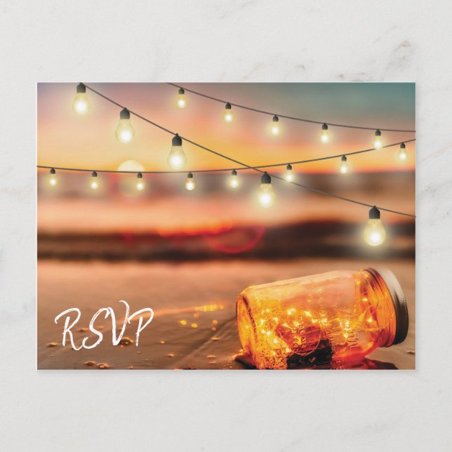 Tropical Sunset Beach Mason Jar Wedding Response Einladungspostkarte (Vorderseite)