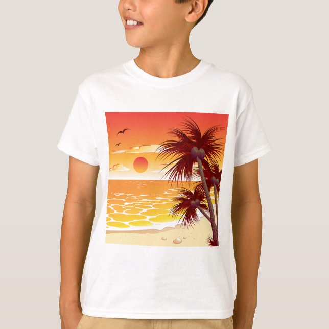 Tropical Sunset Beach Palm Tree Island T-Shirt (Vorderseite)