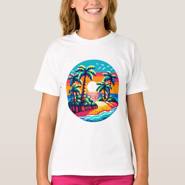 Tropical Sunset Beach Relaxing Pixel Art Paradies T-Shirt (Vorderseite)
