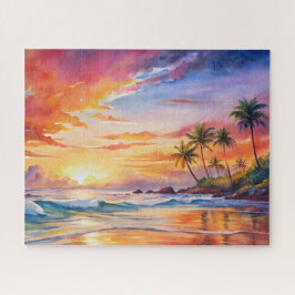 Tropical Sunset Beach Wasserfarbe, Palm, Ozean Puzzle