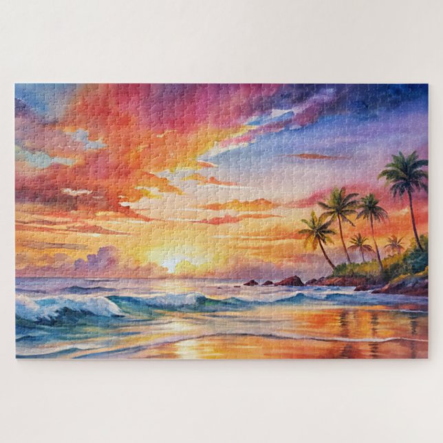 Tropical Sunset Beach Wasserfarbe, Palm, Ozean Puzzle (Horizontal)
