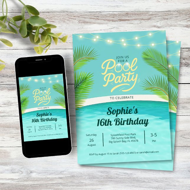 Tropical Sunset Birthday Pool Party Einladung (Classy elegant birthday pool party invitation
)