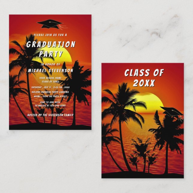Tropical Sunset Graduation Invitation template Mitteilungskarte (Vorne/Hinten)
