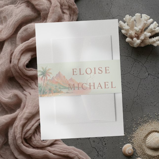 Tropical Sunset Island Beach Watercolor Wedding Einladungsbanderole (Tropical Sunset Island Beach Watercolor Wedding Invitation Belly Band)