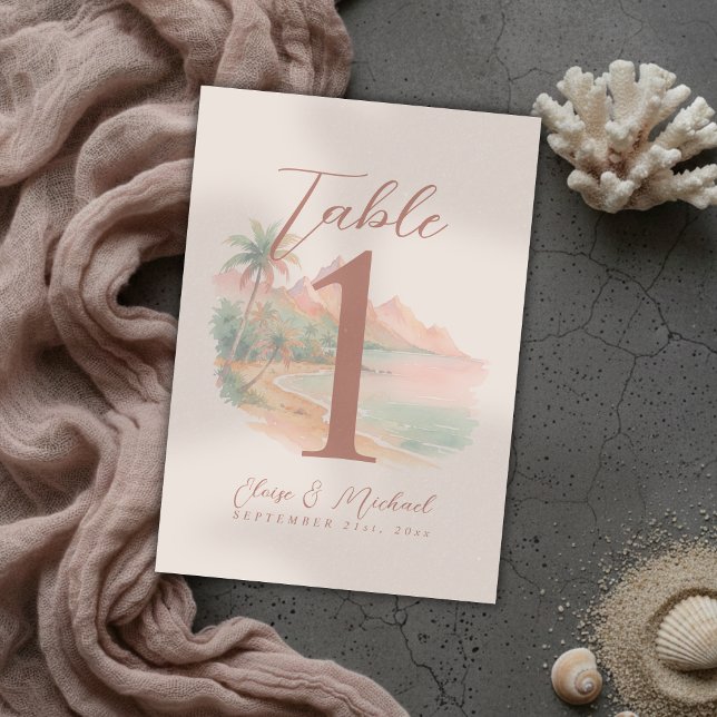Tropical Sunset Island Beach Watercolor Wedding Tischnummer (Tropical Sunset Island Beach Watercolor Wedding Table Number)