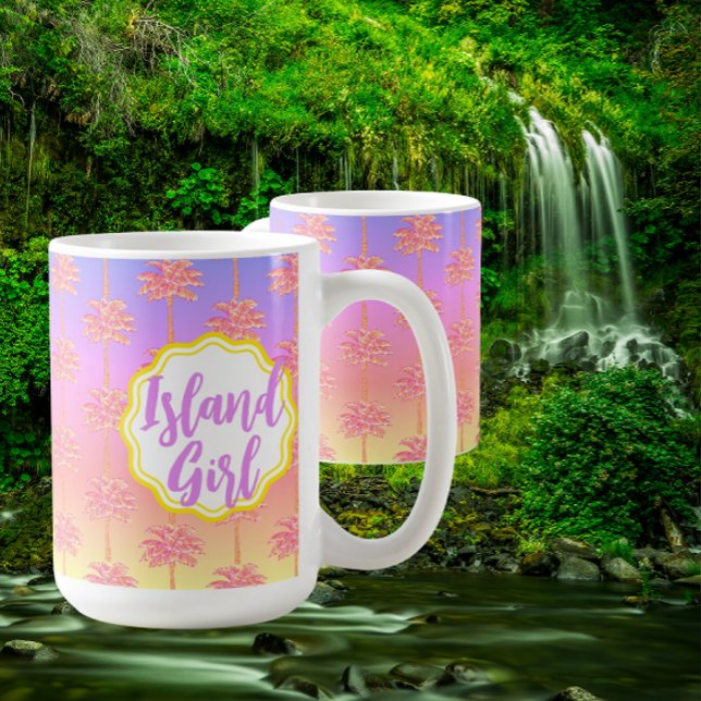 Tropical Sunset Island Girl Pink Palm Tree Tasse (Personalize it! 2 sizes)