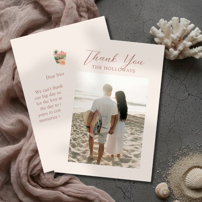 Tropical Sunset Island Watercolor Wedding Photo Dankeskarte (Tropical Sunset Island Watercolor Wedding Photo Thank You Card)