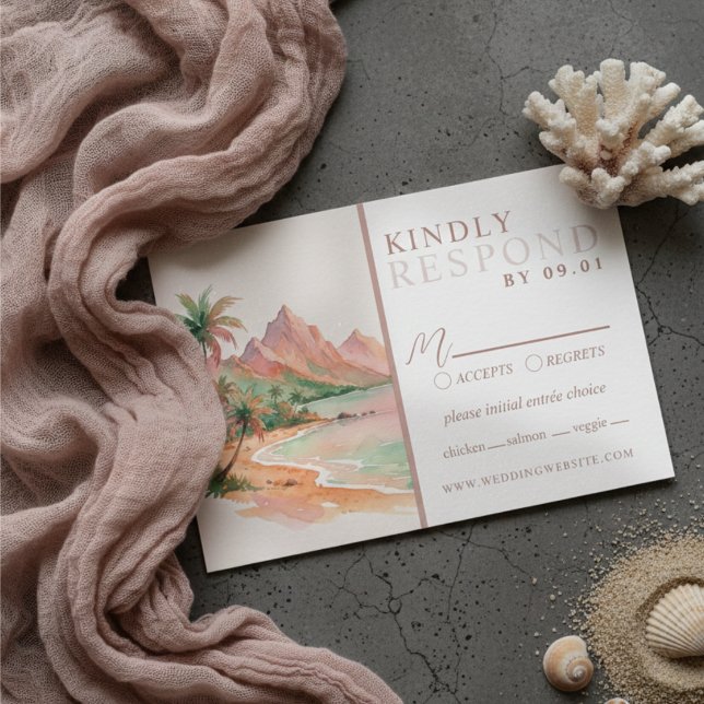 Tropical Sunset Island Watercolor Wedding QR  RSVP Karte (Tropical Sunset Island Watercolor Wedding QR RSVP Card)