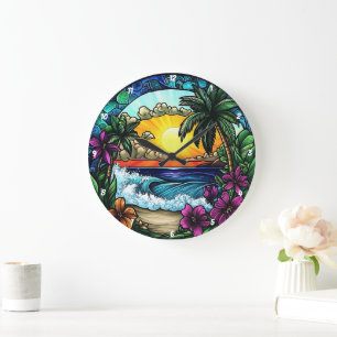 Tropical Sunset Oasis Vibrannt Beach Wall Große Wanduhr