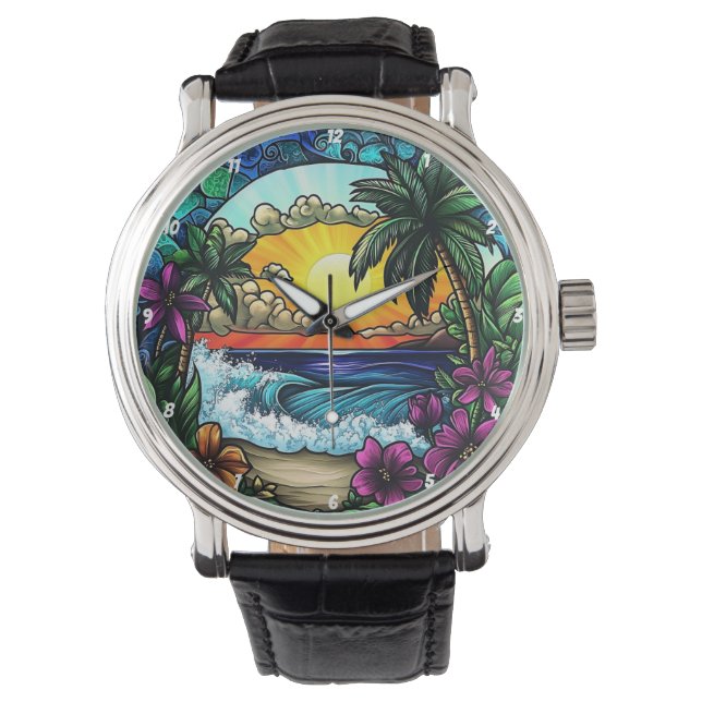 Tropical Sunset Oasis Vibrant Beach Wall Armbanduhr (Vorderseite)