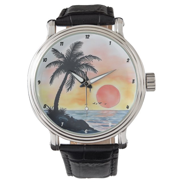 Tropical Sunset Ocean Scene with Palm Trees Armbanduhr (Vorderseite)