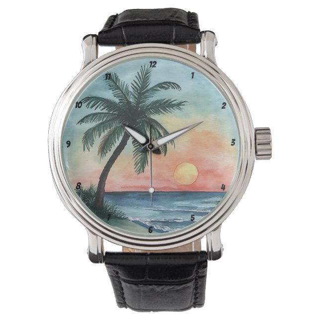 Tropical Sunset Palm Ocean Waves Armbanduhr (Vorderseite)