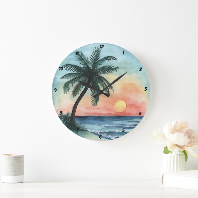 Tropical Sunset Palm Ocean Waves Große Wanduhr (Zuhause)