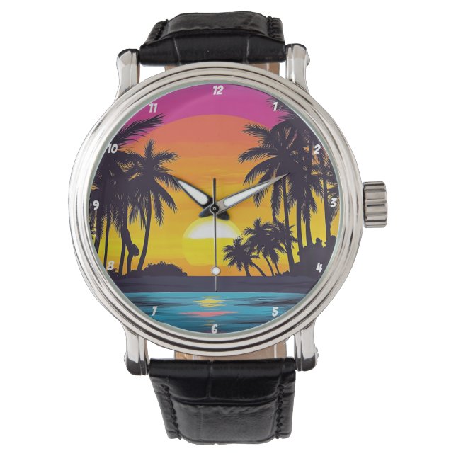 Tropical Sunset Palm Tree Beach Armbanduhr (Vorderseite)