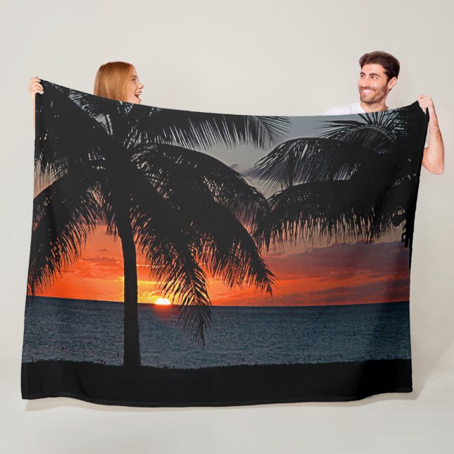 Tropical Sunset Palm Tree Beach Fleecedecke (Beispiel)
