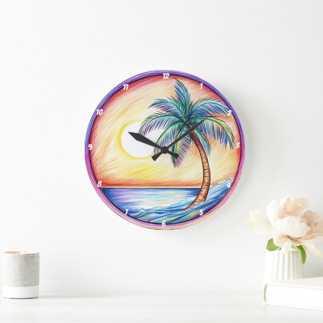 Tropical Sunset Palm Tree Beach Große Wanduhr (Zuhause)
