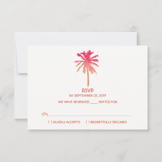 Tropical Sunset Palm Tree Beach Hochzeit RSVP Karte (Vorderseite)