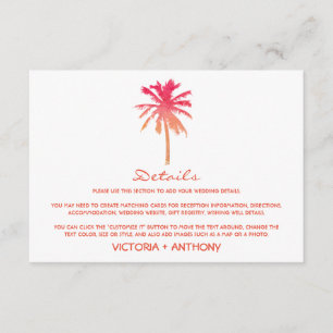 Tropical Sunset Palm Tree Beach Hochzeitsdetails Begleitkarte