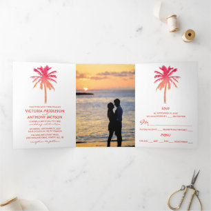 Tropical Sunset Palm Tree Beach Hochzeitssuite Dreifach Gefaltete Einladung