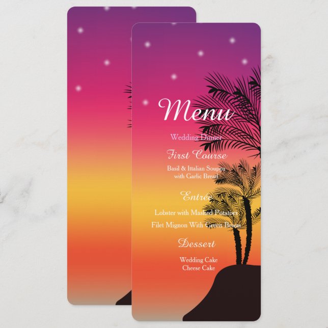 Tropical Sunset Palm Tree Beach MENU Wedding Card Einladung (Vorne/Hinten)