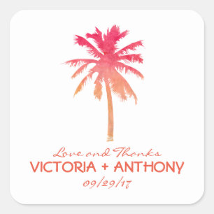 Tropical Sunset Palm Tree Beach Wedding Gefallen Quadratischer Aufkleber