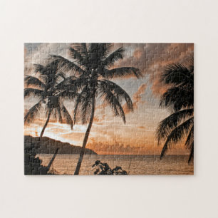 Tropical Sunset Palm Trees Hill Side Sea Puzzle