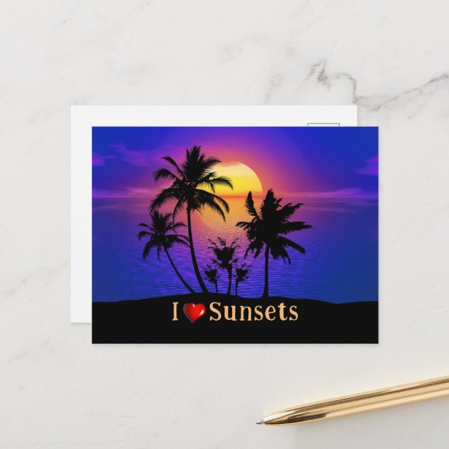 Tropical Sunset Palm Trees Postkarte (Vorderseite/Rückseite Beispiel)