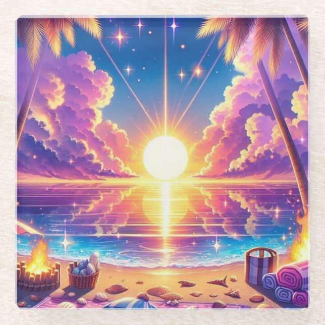 Tropical Sunset Paradise Malerei Glasuntersetzer (Vorderseite)