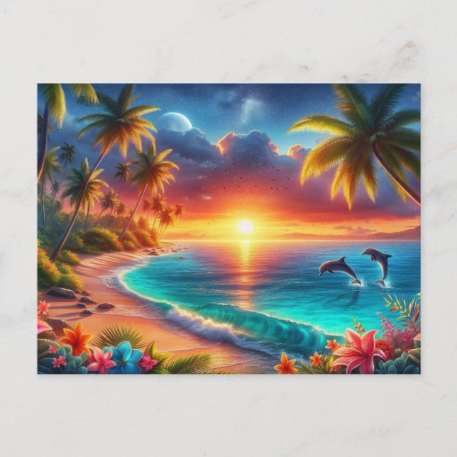 Tropical Sunset Paradise Malerei Postkarte (Vorderseite)