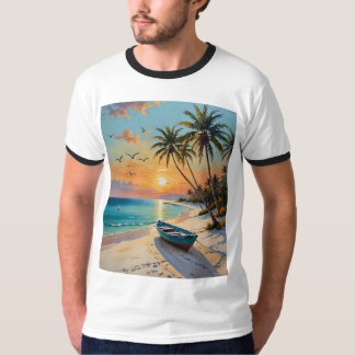 Tropical Sunset Rowboat Beach Painting Tshirt