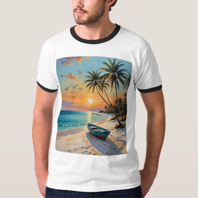 Tropical Sunset Rowboat Beach Painting Tshirt (Vorderseite)