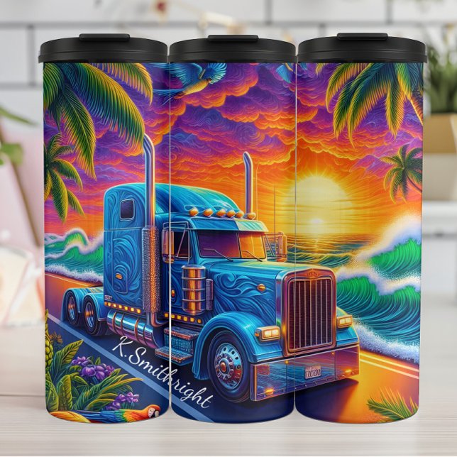 Tropical Sunset Semi Truck Ocean Thermosbecher (Von Creator hochgeladen)