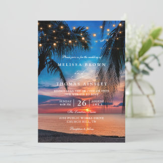 Tropical Sunset String Lights Palm QR Code Wedding Einladung