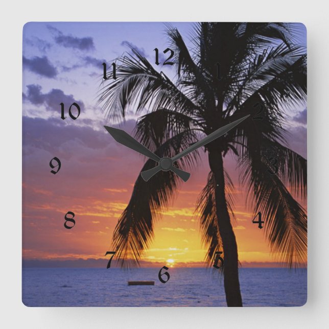 Tropical Sunset with Palm Tree Quadratische Wanduhr (Vorderseite)
