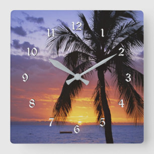 Tropical Sunset with Palm Tree Quadratische Wanduhr
