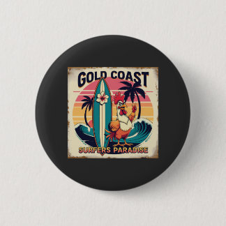Tropical Surf Vibes - Retro Rooster & Waveboard T- Button