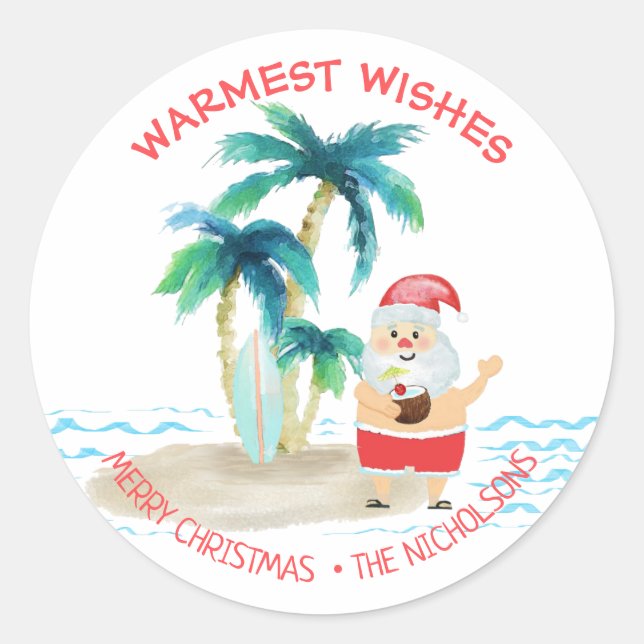 Tropical surfing Santa Warmest wünscht Weihnachten Runder Aufkleber (Vorderseite)