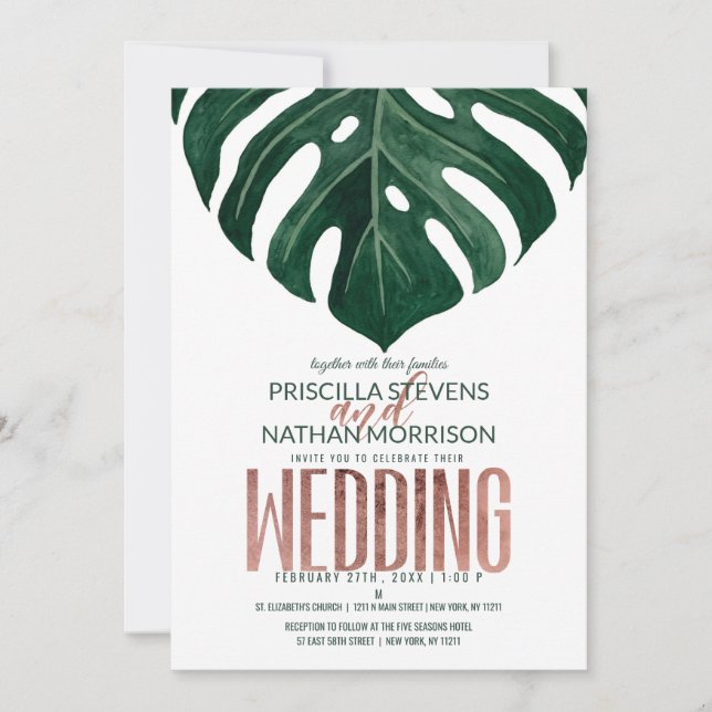 Tropical Swiss Cheese Leaf Rose Gold Wedding Einladung (Vorderseite)