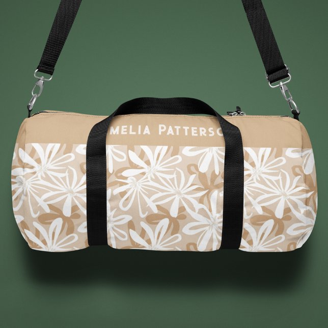 Tropical Tan White Floral Muster Personalisiert Duffle Bag (Von Creator hochgeladen)