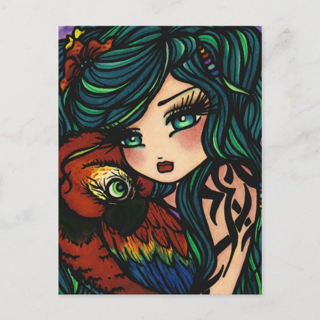 Tropical Tattoo Parrot Mermaid Fantasy Giro del Ma Postkarte (Vorderseite)